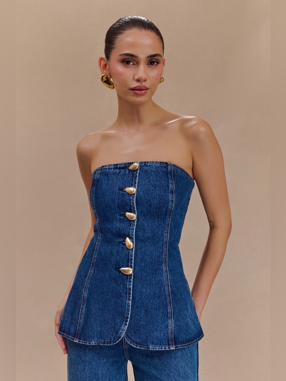 Meshki Lennox Strapless Long Line Button Top - Dark Blue - Size M